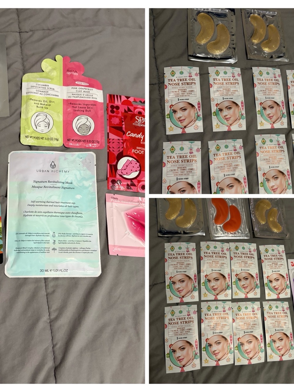 Bundle of face masks, tea tree nose strips, lip, eye, and foot masks